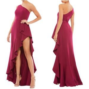 Mac Duggal NWT Purple One Shoulder High Slit Ruffle Gown Size Berry 4 Hi-Low Hem